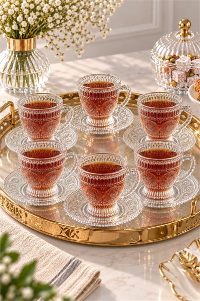 12 Parça Cam Kabartma Desenli 6lı Fincan Takımı 