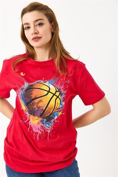 Kadın Basketbol Grafik Baskılı Günlük Tshirt  Kırmızı