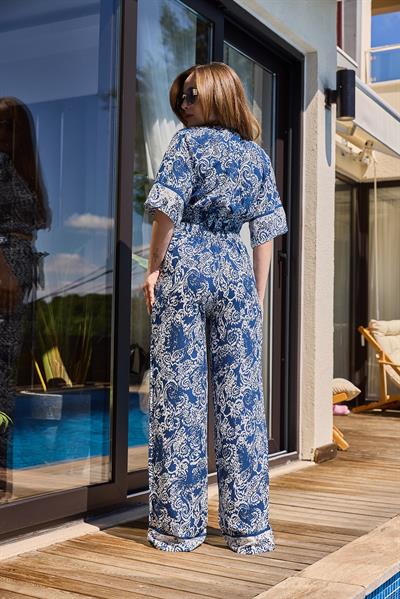 Beli Kuşaklı Bluz Pantolon İkili Takım Mavi