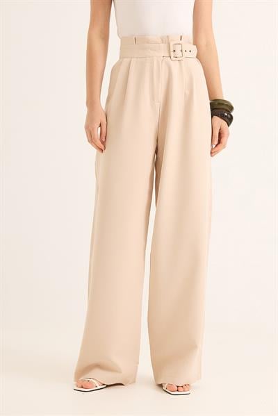Yüksek Bel  Kemerli Bol Paça Pantolon Krem