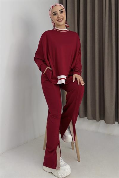 Kadın Beli Lastikli Dökümlü Model Oversize Eşofman Takım Kırmızı