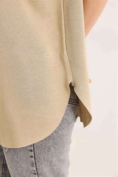 V Yaka Arkası Uzun Basic Tshirt Vizon