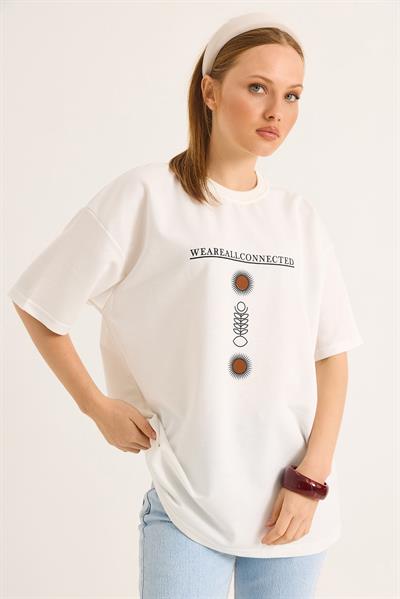 Bisiklet Yaka Kısa Kol Baskılı Tshirt Beyaz