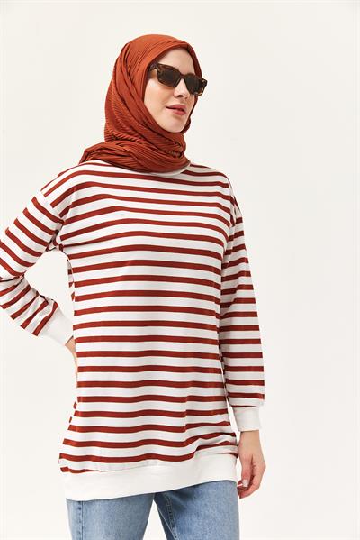Çizgili Oversize Tunik Kahverengi