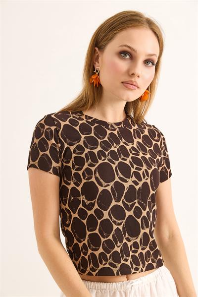Geometrik Desen Kısa Kollu Bluz Toprak