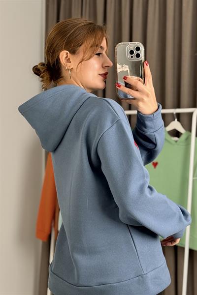 Üç İplik İndigo Kalp Nakışlı Şardonlu Kapişonlu Sweat