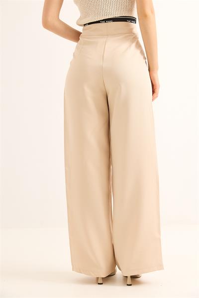 Geniş Paça Kemeri Garnili Palazzo Pantolon Bej