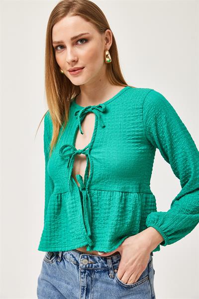 Bağlama Detaylı Esnek Örme Bluz Yeşil