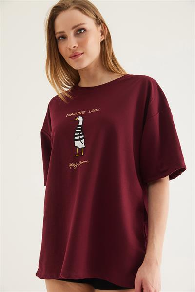 Bisiklet Yaka Oversize Baskılı Tshirt Bordo