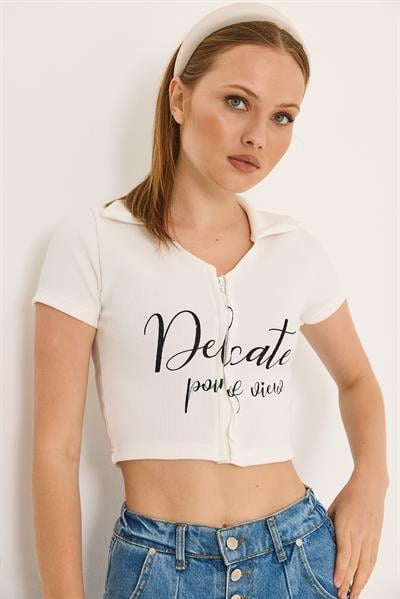 Yakalı Baskı Detaylı Fermuarlı Crop Bluz Beyaz
