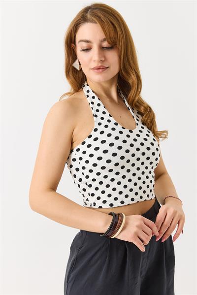 Kadın Boyundan Askılı Puantiyeli Crop Bluz Beyaz