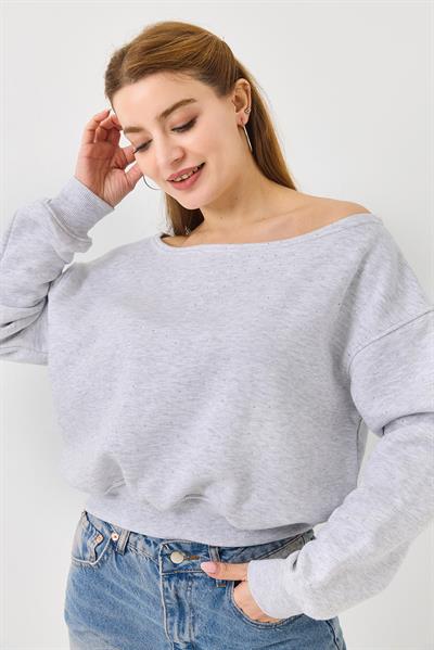 Kadın Gri Kayık Yaka Üç İplik Şardonlu Sweat