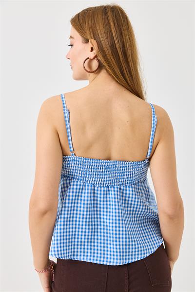 Kadın Büyük Fiyonk Detaylı Ekoseli Askılı Keten Görünümlü Bluz Mavi