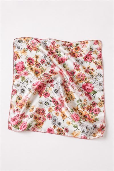 Çiçek Desenli Şifon 45X45 Ölçülü Fular Pembe