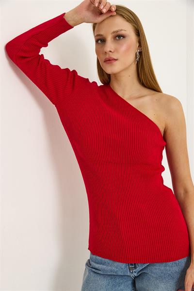 Tek Omuz Kolu Detaylı Fitilli Bluz Kırmızı