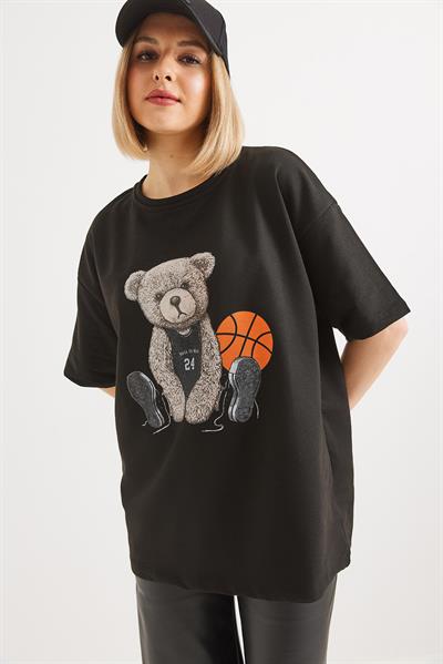 Ayıcık Baskılı Bisiklet Yaka Tshirt Siyah