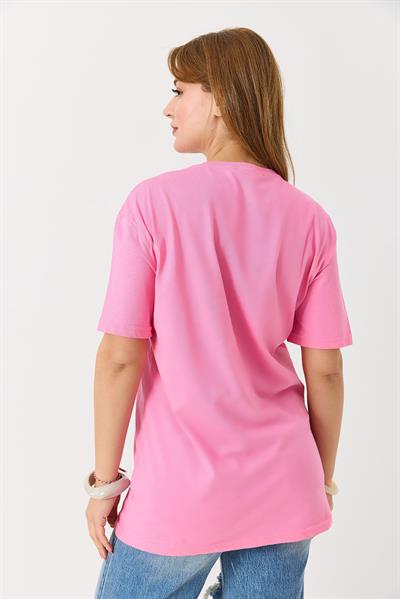 Kadın Parlak Yazılı Baskılı Tshirt Pembe