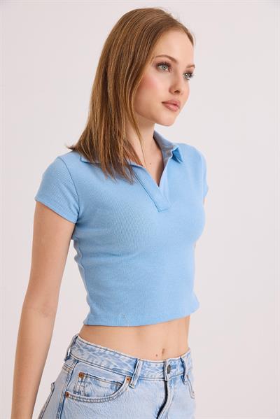 Polo Yaka Basıc Kısa Kollu Örme Kaşkorse Crop Bluz Mavi