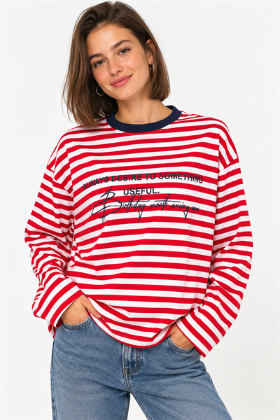 Kadın Bisiklet Yaka Baskılı Çizgili Sweatshirt Kırmızı