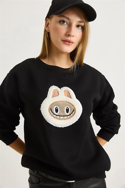Kadın Labubu İşlemeli Üç İplik Sweatshirt Siyah