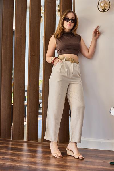 Regular Kesim Kadın Keten Pantolon Bej