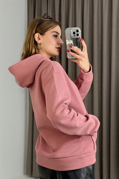 Üç İplik Pembe Şardonlu Kangru Cepli Kapişonlu Sweat