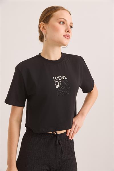 Nakışlı Örme Pamuk Crop Tshirt Siyah