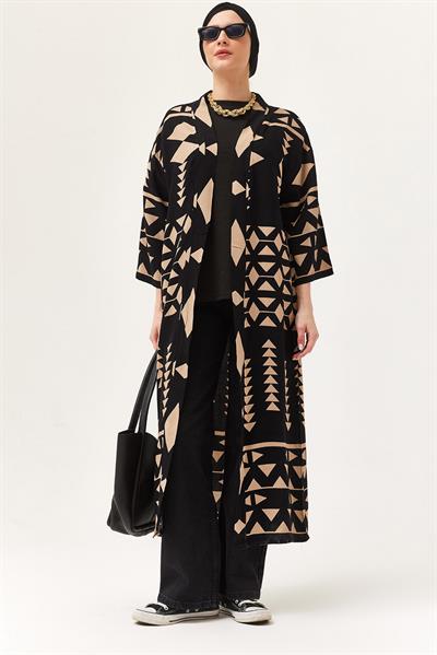 Oversize Şerit Detaylı Kimono Hırka Vizon