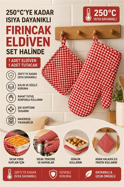 Potikare Fırın Eldiveni ve Tutacak Seti 250 Derece Isıya Dayanıklı