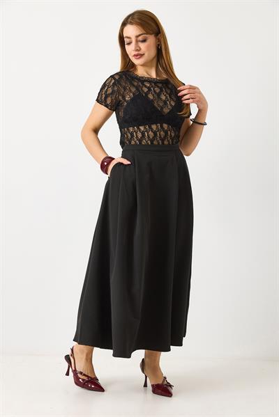 Kadın Yandan Fermuarlı Cepli Uzun Etek Siyah