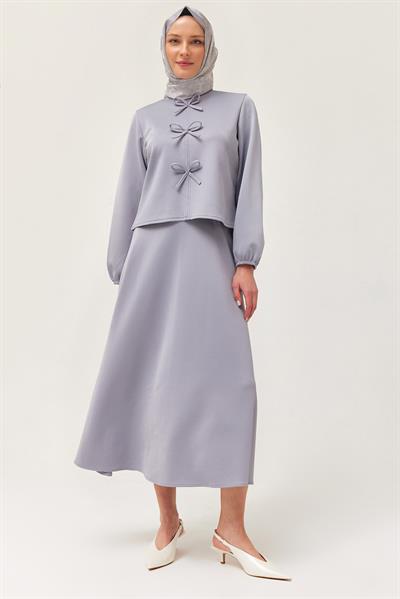 Önü Fiyonklu Etekli Scuba İkili Takım Gri