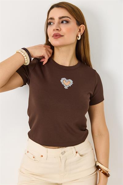 Kadın Taşlı Kalp Detaylı Crop  Bluz  Kahverengi