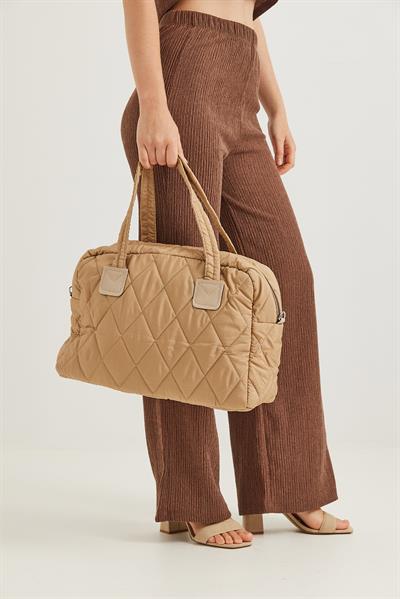 Kapitone Kumaş Cüzdanlı  El Ve Omuz Çantası Vizon