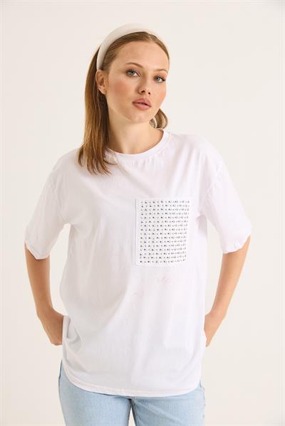 Bisiklet Yaka Taş Detaylı Cepli Tshirt Beyaz
