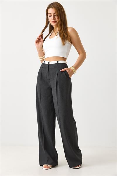 Kadın Yüksek Bel Cepli Bol Paça Pileli Palazzo Kumaş Pantolon Antrasit