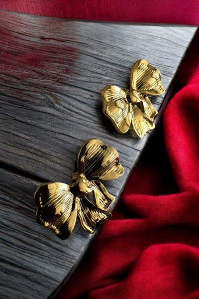 Kurdele Modelli Özel Tasarım Çelik Gold Küpe