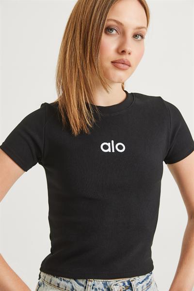 Bisiklet Yaka Alo Nakışlı Fitilli Crop Bluz Siyah