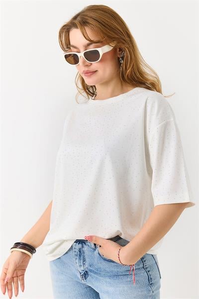 Kadın Taş Detaylı Bisiklet Yaka Oversize Tshirt Ekru