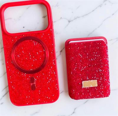 İphone 17 Pro Max Uyumlu Parlak ve Taşlı Kart Bölümlü Kılıf Kırmızı
