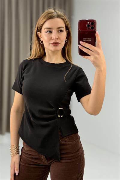 Kadın Yan Tokalı Asimetrik Kesim Kakorse Kısa Kollu Bluz  Siyah