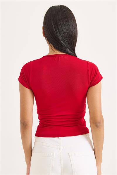 Kruvaze Yaka Çarpaz Bağlama Detaylı Bluz Kırmızı