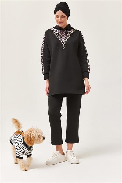 Leopar Garnili İkili Takım	Siyah