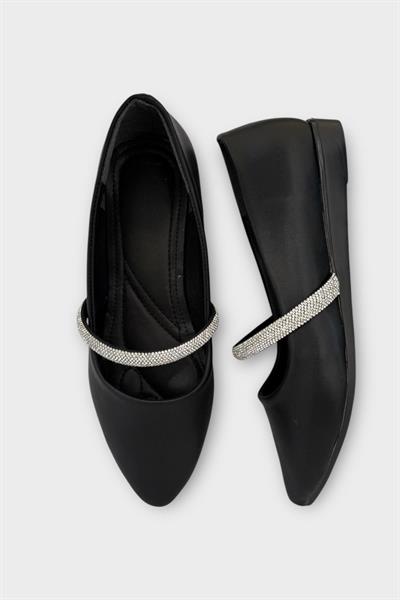 Kadın Bantlı Taş Detay Babet Ayakkabı Siyah