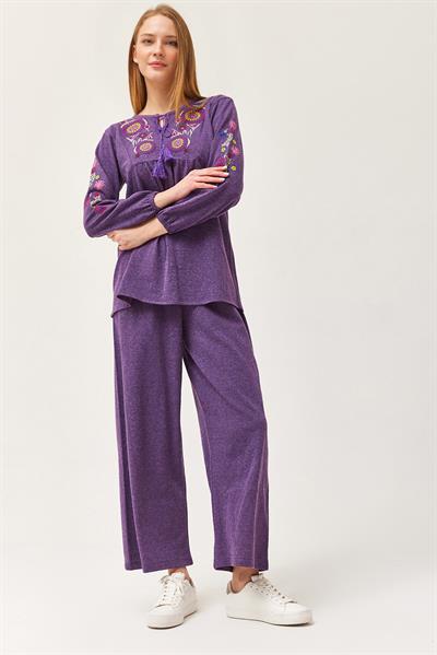 Hera Kumaş Önü ve Kolları İşlemeli İkili Takım Mor