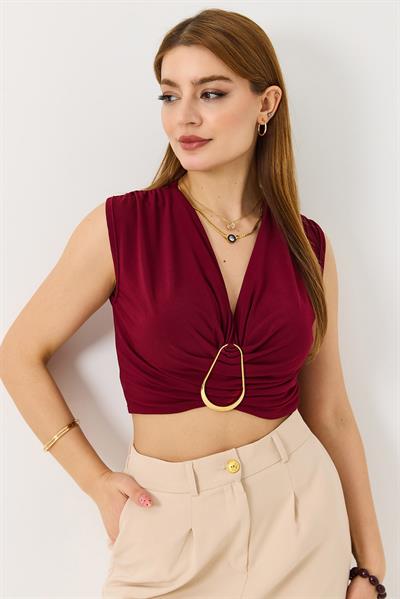 Kalın Askılı Sundy Kumaş Gold Toka Detaylı Bluz Bordo
