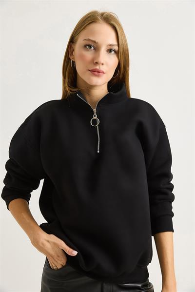 Kadın Yaka Fermuarlı 2 İplik Sweatshirt Siyah