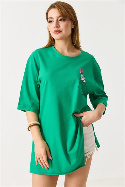 Kadın Yanları Yırtmaçlı  Oversize  Basic Tshirt Yeşil