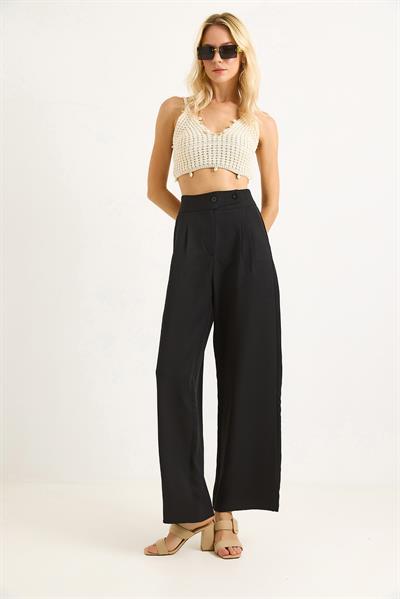 İki Düğmeli Şık Kumaş Geniş Paça  Pantalon  Siyah