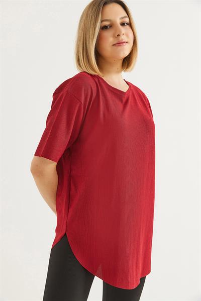 Bisiklet Yaka  Kısa Kol Basic Tshirt Bordo