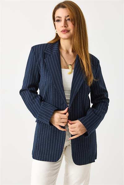 Kadın Çizgi Desen Blazer Ceket Lacivert
